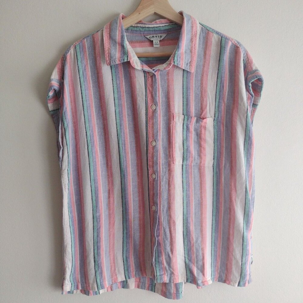 Orvis Womens Striped Button-Up Shirt M Pink Blue White Breathable Relaxed Top - Picture 9 of 9